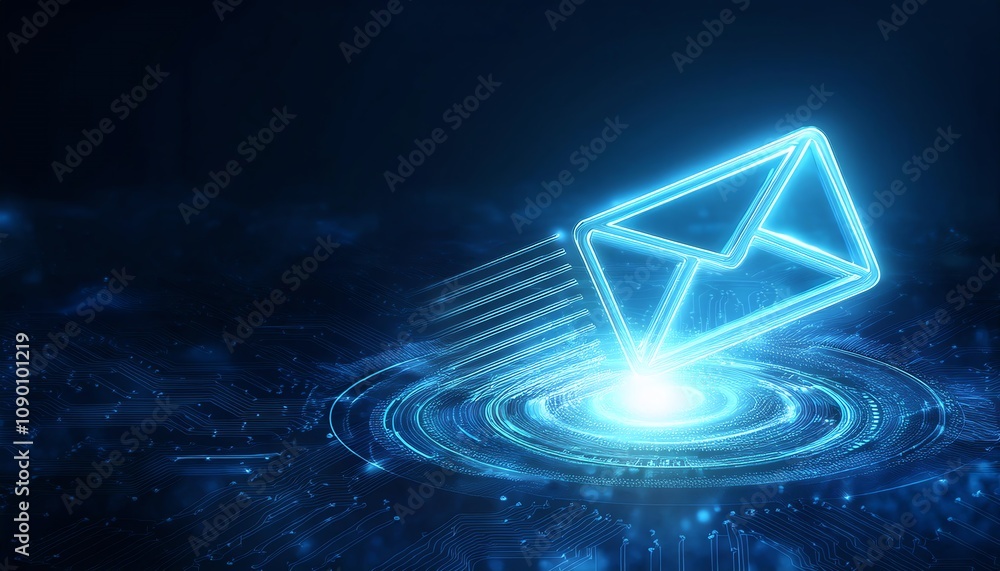 Poster a glowing digital envelope icon with binary code, representing electronic communication and technolo