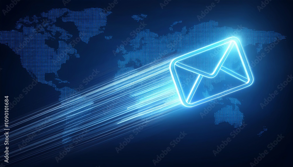 Poster a glowing envelope icon moves rapidly across a digital world map, symbolizing fast email communicati