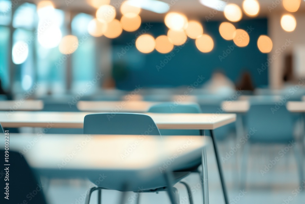 Poster A modern classroom setting with empty tables and chairs, illuminated by soft lighting.
