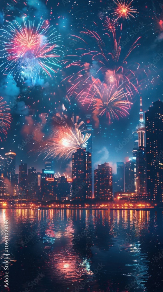 Poster a vibrant display of fireworks explodes over a cityscape reflecting in the water.
