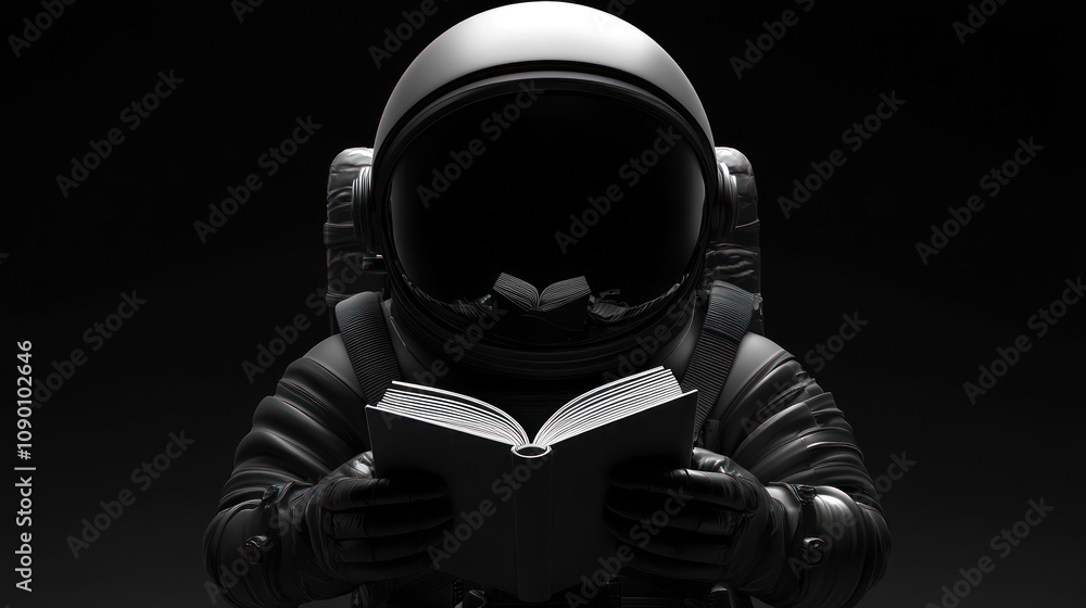 Poster an astronaut reading a book in a dark space, symbolizing exploration and knowledge.
