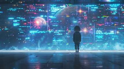 Fototapeta premium futuristic scene, child gazing at holographic display, digital landscape, technology background, space graphics, vibrant colors, sci fi imagination, immersive environment, exploration