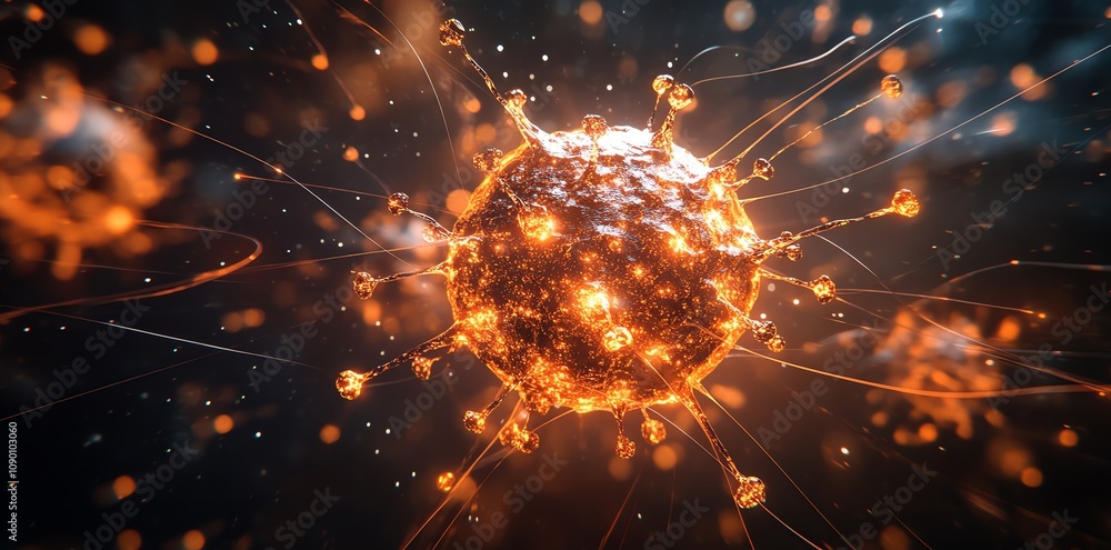 Poster fiery microscopic virus particle with glowing spikes.