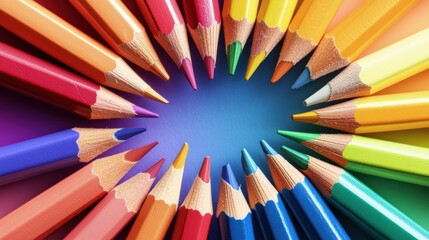 Fototapeta premium A rainbow of diverse pencils arranged in a circle, Symbolizing the creative potential and unity found in diverse perspectives, minimalist composition