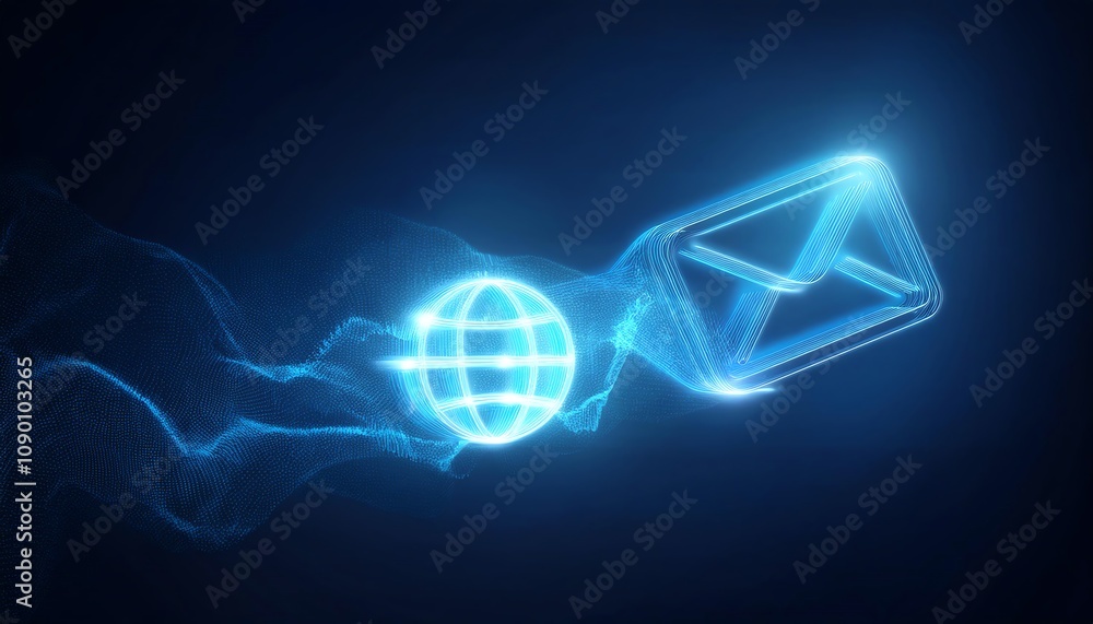 Poster a glowing digital representation of a globe and an envelope, symbolizing global communication and el