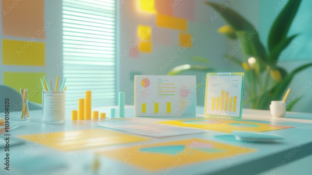 Aufkleber A bright workspace with charts, graphs, and colorful notes for data analysis.