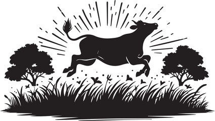 A joyful cow silhouette jumping in a meadow vector