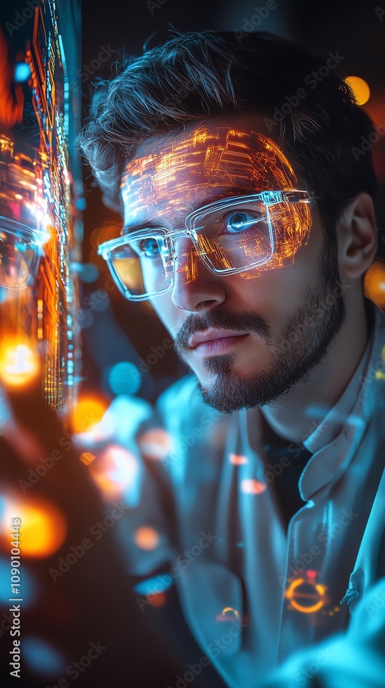 Poster focused scientist examines futuristic interface, data overlay on his face.