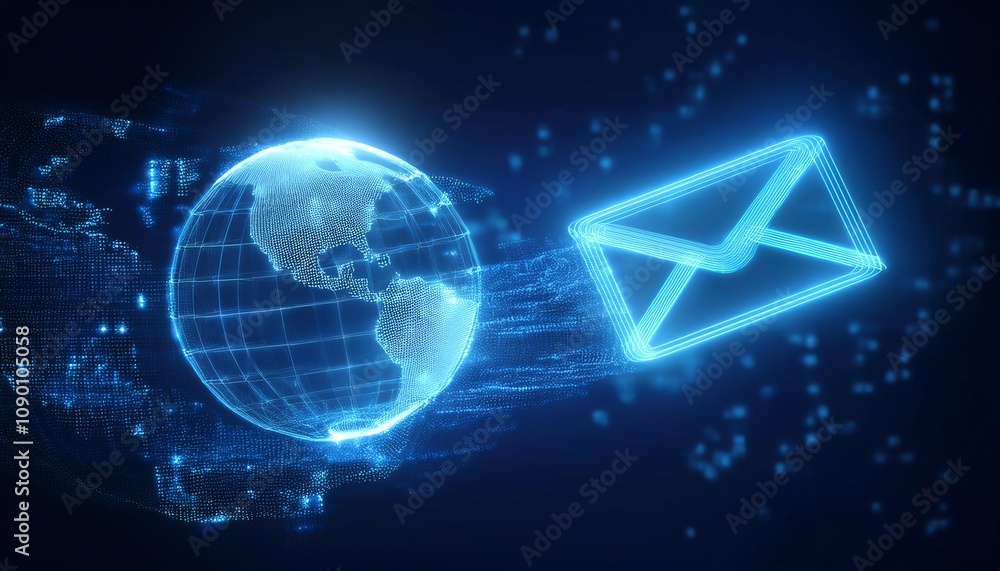 Poster a glowing digital globe with an envelope symbolizes global communication and the speed of electronic
