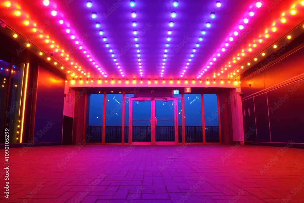 Poster a vibrant, illuminated entrance with colorful lights creating an inviting atmosphere.