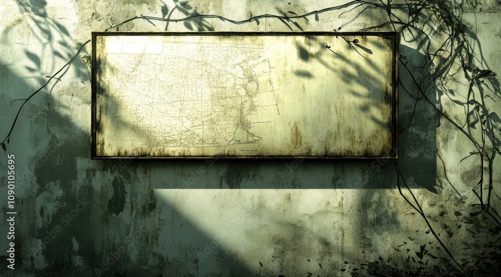 Poster A weathered map displayed on a textured wall, surrounded by shadows and plant vines.