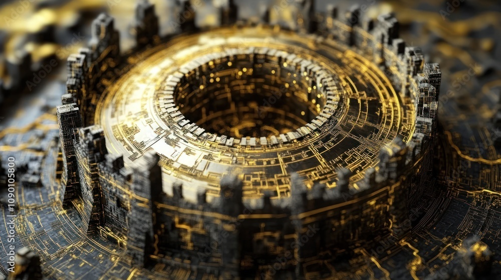 Poster A detailed, circular structure with intricate patterns and a metallic finish.