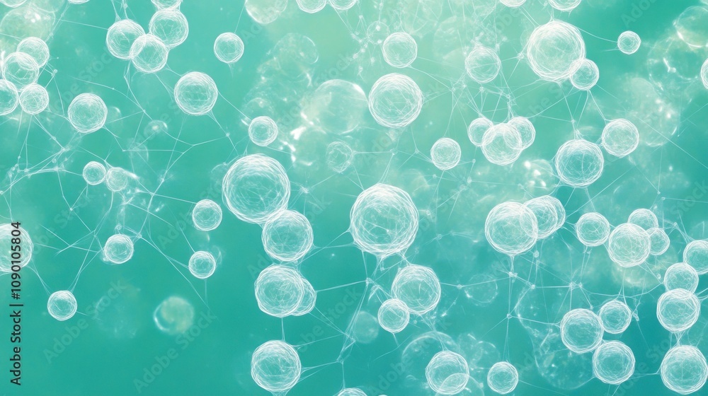 Poster a close-up view of bubbles and cells in a scientific context, showcasing microscopic structures.