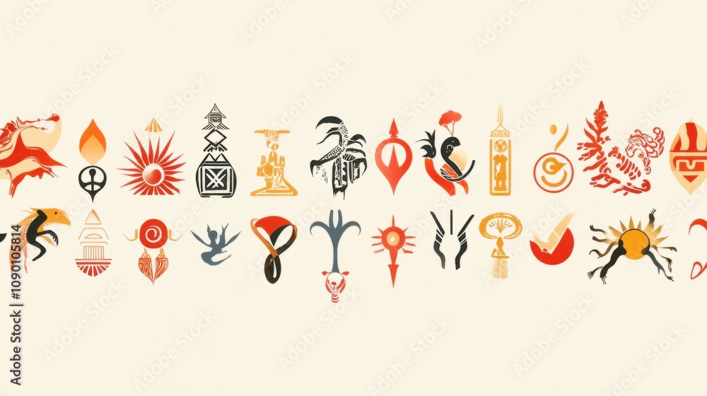 Poster A row of different cultural symbols merging into a common thread, highlighting the interconnectedness and unity of global traditions, minimalistic style