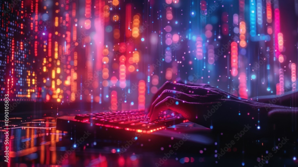 Poster a hand typing on a keyboard amidst colorful digital data streams.