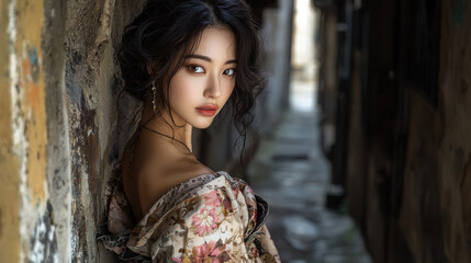 Obraz premium Beautiful Woman in an Old City Alleyway