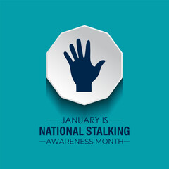 Obraz premium Vector graphic of National Stalking Awareness Month banner design template. Realistic Ribbon, hands icon and colourfull backgraound. Design for cards, prints, social media, poster, flyer.