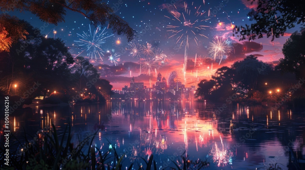 Aufkleber a stunning view of fireworks exploding over a calm lake, reflecting on the water's surface with tree