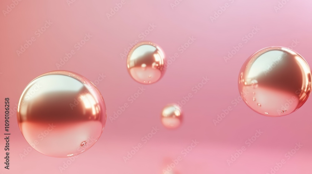 Poster colorful floating metallic spheres in a soft gradient background, ethereal shapes in space, reflecti