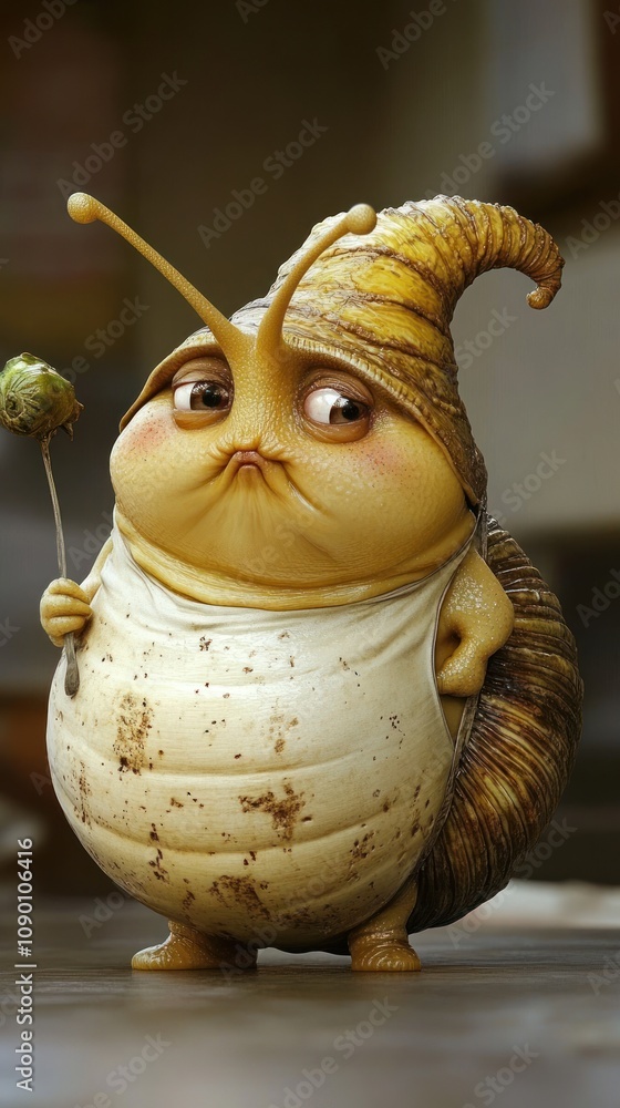 Poster a whimsical cartoon snail character with a quirky expression and a snack on a stick.