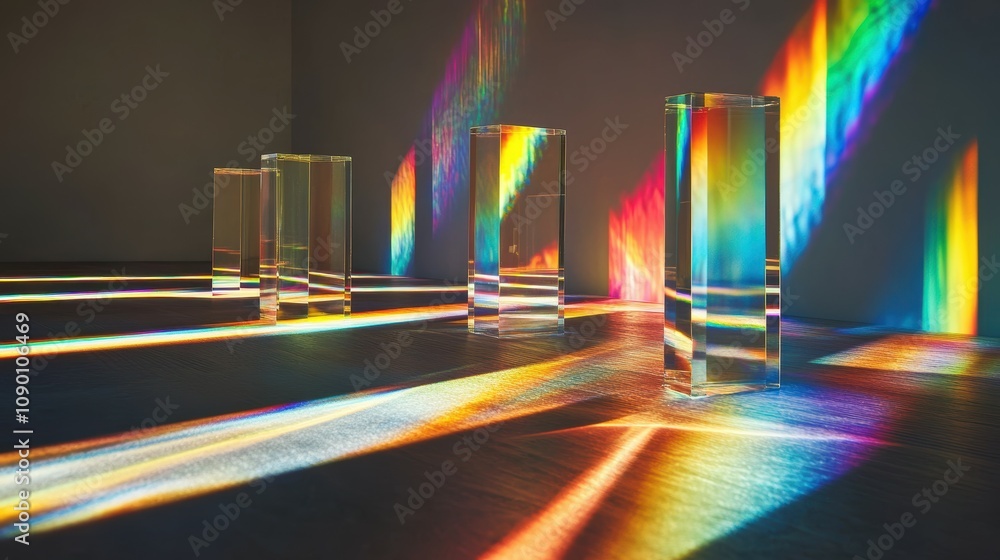 Poster light refracted through glass prisms creating a beautiful rainbow spectrum display in an artistic in