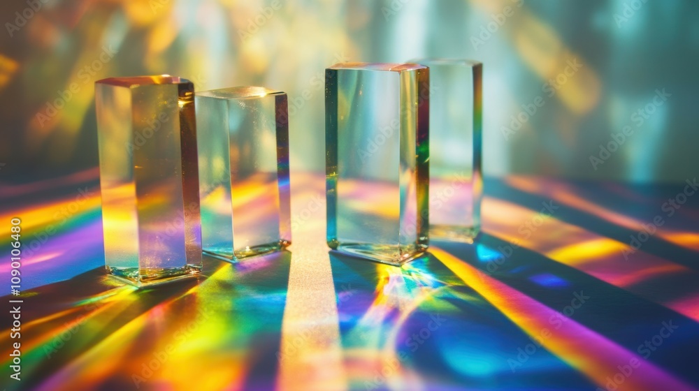 Poster stunning visual of light refracted through glass prisms creating a vibrant rainbow spectrum on surfa