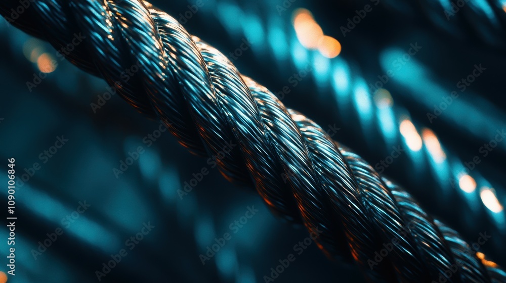Poster twisted steel cables captured with reflective highlights in a dark setting presenting a dynamic and 