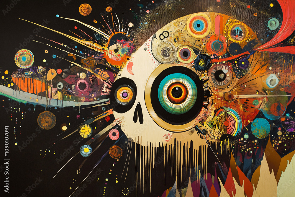 Poster a surreal artwork featuring a colorful skull surrounded by exploding patterns of circles, streaks, a