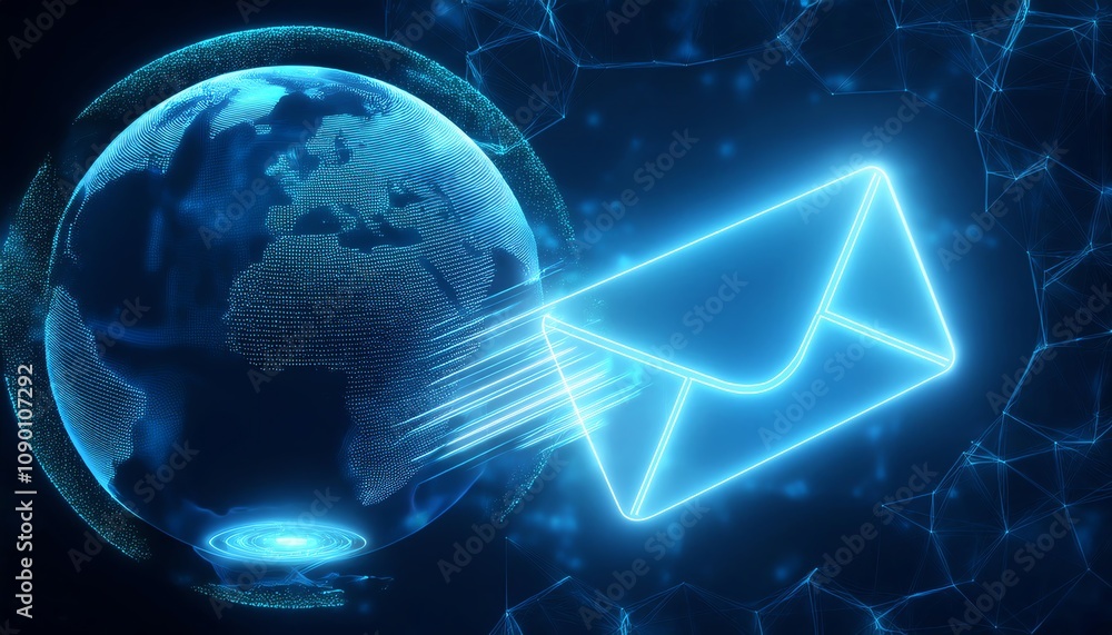 Poster a glowing envelope is sending digital communication across a stylized globe, symbolizing global conn