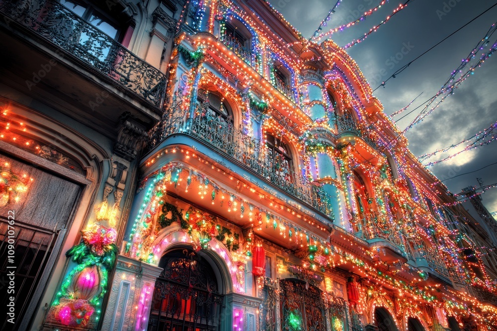 Poster A vibrant building adorned with colorful lights, creating a festive atmosphere.