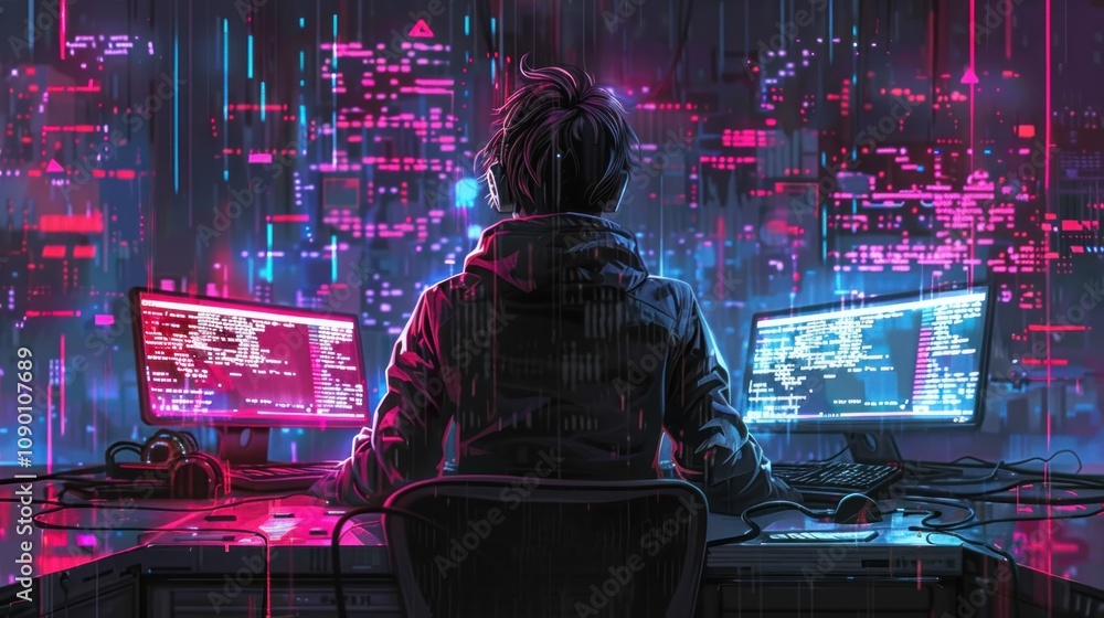 Poster a person coding with dual monitors in a neon-lit environment.