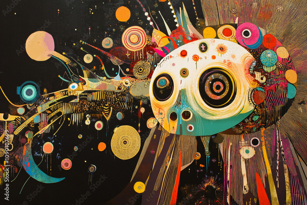 Poster a surreal abstract painting with a whimsical creature and vibrant circular patterns on a dark backgr