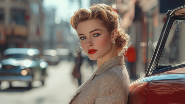 Vintage Glamour Woman with Red Lipstick and Classic Car