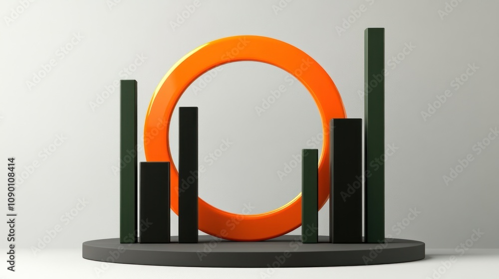 Poster A modern display featuring an orange circle and green bars on a circular base.