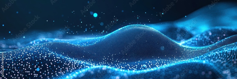 Fototapete Abstract representation of flowing waves with glowing particles in a dark background.