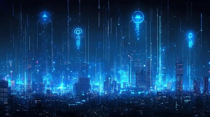 Futuristic cityscape at night with glowing digital icons and data streams.