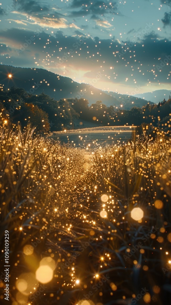 Poster a field of golden grass with sparkling lights in the foreground, a mountain range in the background 