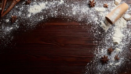 Background with flour dusted across dark wood, for a baking theme. generative ai