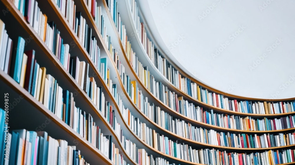 Poster a row of varied bookshelves forming an arc, representing the wealth of knowledge and perspectives th