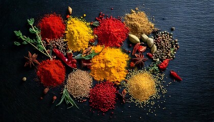 Colorful spices and herbs scattered on dark slate, in a flat lay. generative ai