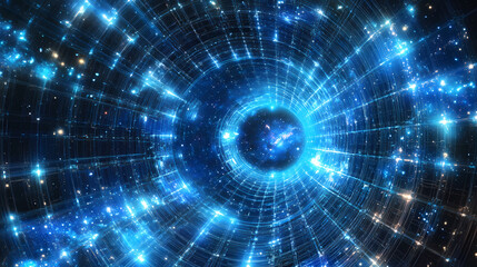Fototapeta premium A glowing blue grid, extending into a starry space background. Neon Grid Infinity. Illustration