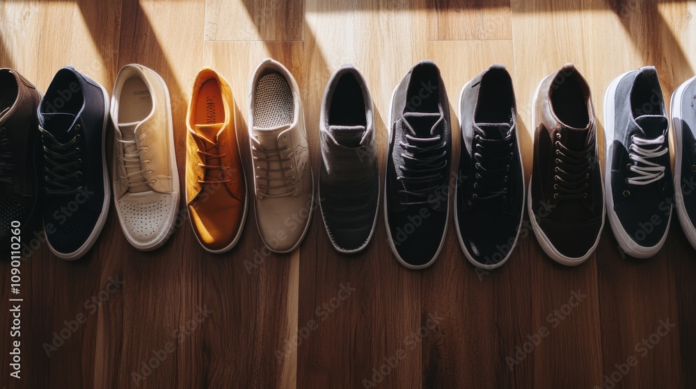Aufkleber a row of various shoes lined up, representing the different paths and journeys of individuals, minim