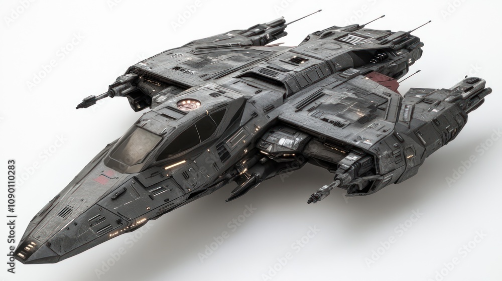 Poster A detailed model of a futuristic spacecraft with intricate designs and features.