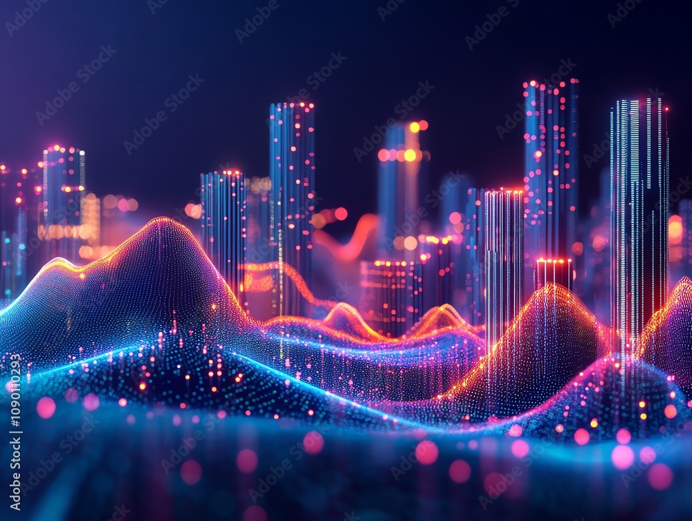 Poster futuristic cityscape with glowing data waves.