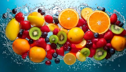 Fruit in water, arranged in a bright, refreshing pattern. generative ai