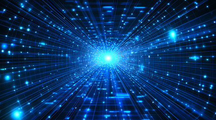 Obraz premium A futuristic digital tunnel with glowing blue cubes floating in a neon grid pattern, creating a sense of high-speed movement and infinite space. Neon Grid Infinity. Illustration