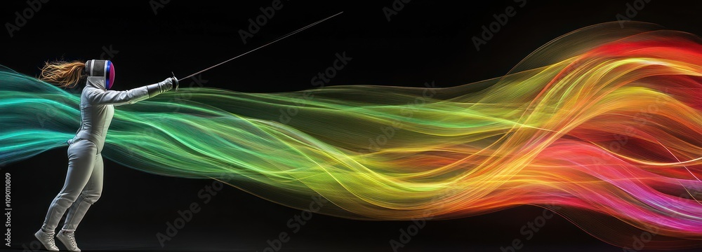Poster A fencer in motion, surrounded by colorful light trails representing speed and agility.