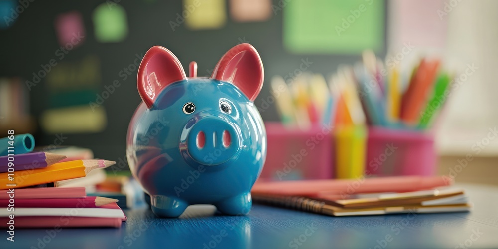 Aufkleber a blue piggy bank surrounded by colorful stationery on a desk, symbolizing saving and learning.