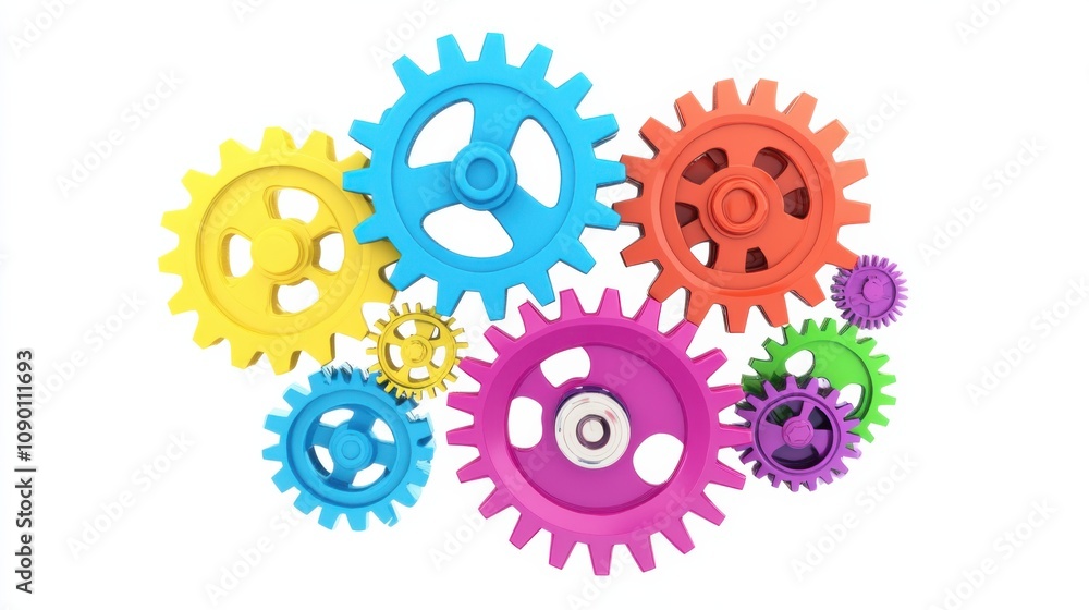 Poster A set of colorful gears meshing together, Highlighting the interdependence and cooperation in diverse communities, minimalistic style