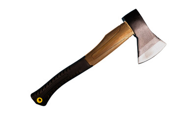 Hatchet with a wooden handle and a black rubber grip. The hatchet is positioned against a white background, making its details clearly visible. Cut out.